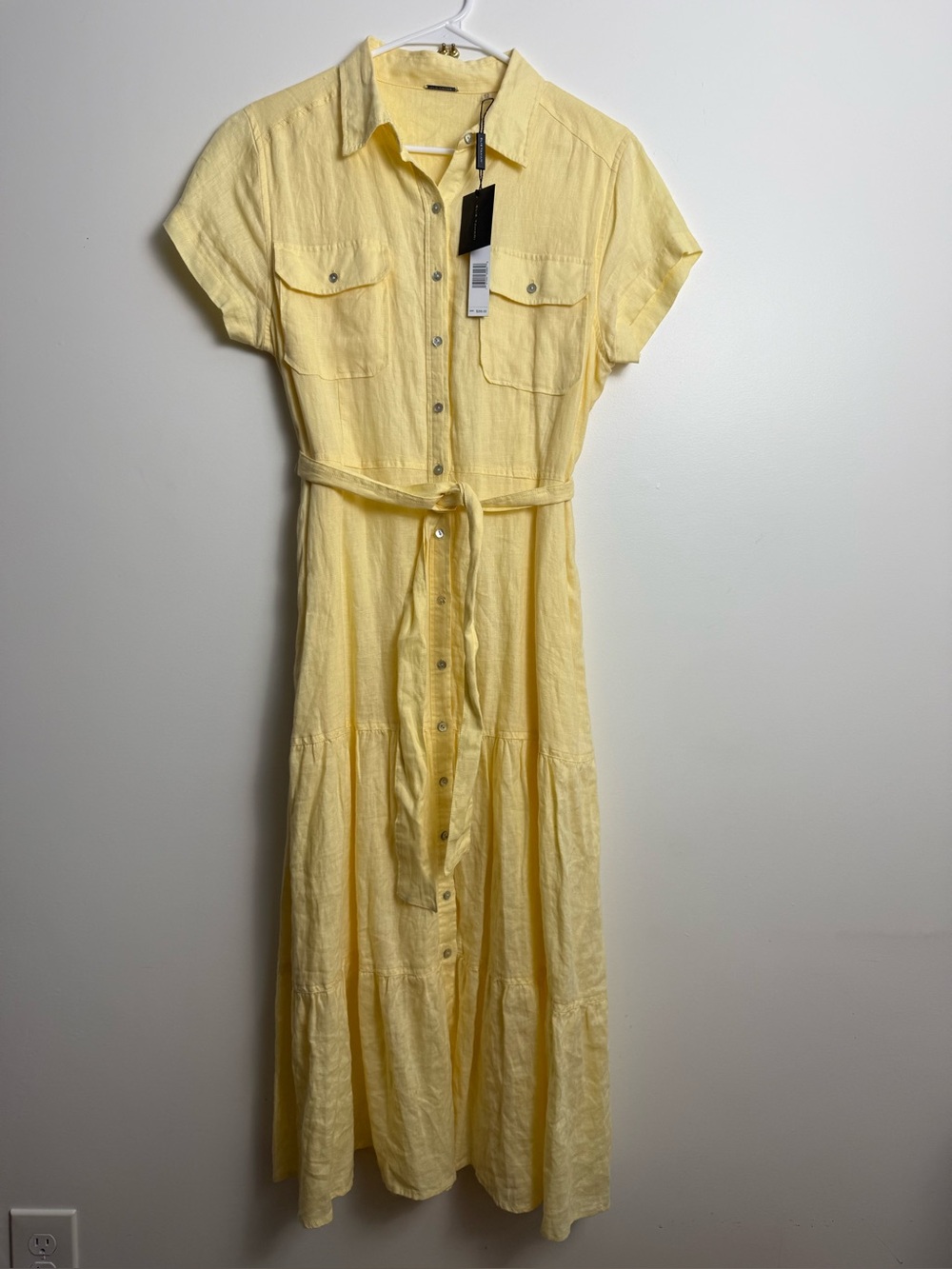 Elie Tahari 100% linen,Yellow Button-Front Shirt Dress with Tie Waist